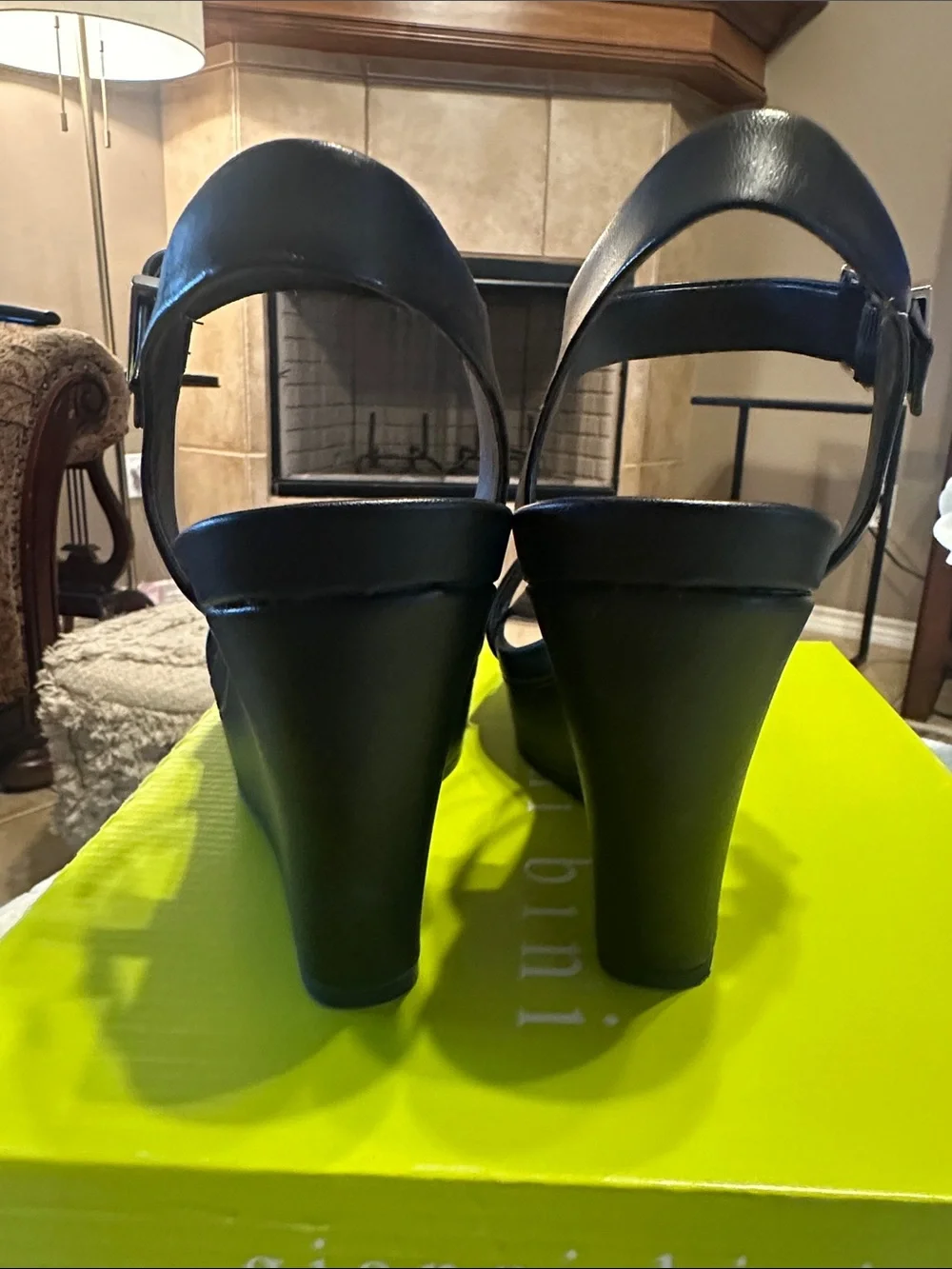Gianni Bini Black Platform Wedge Sandals with Ankle Buckle